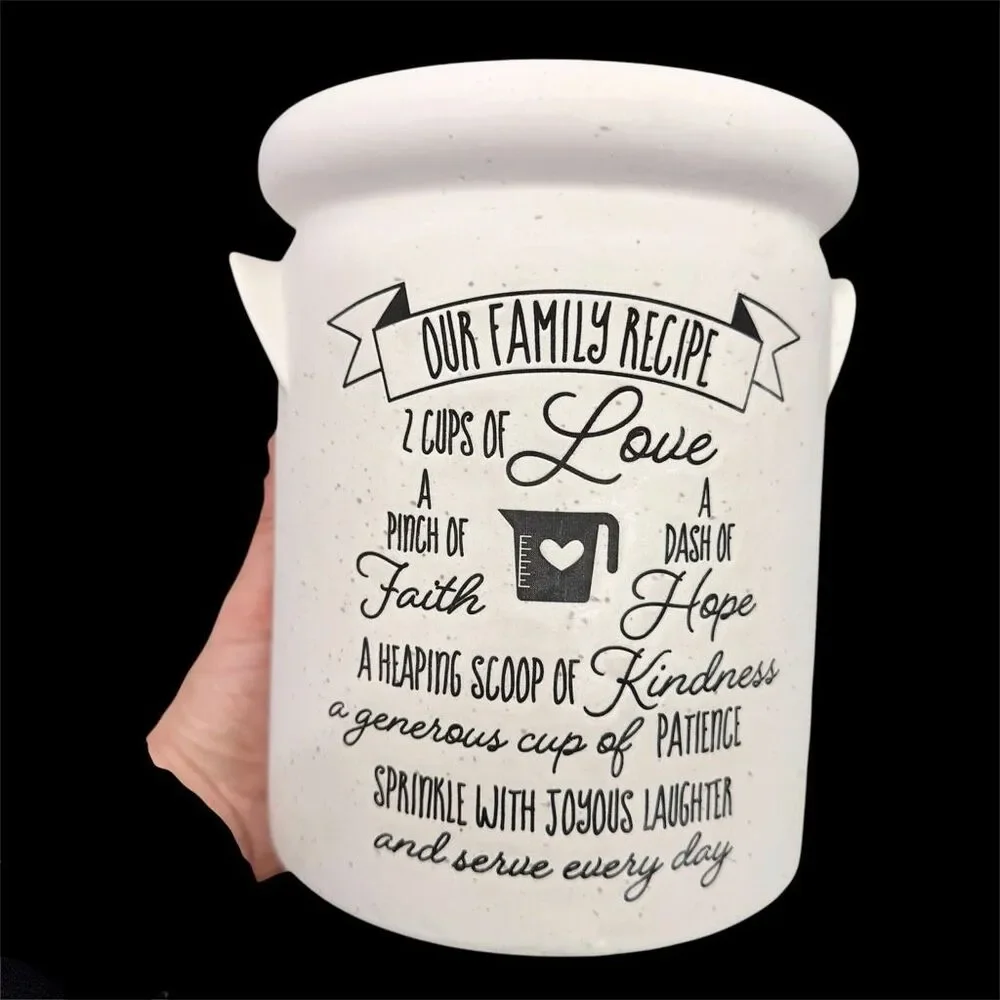 NWT “Our Family Recipe” Utensil White Speckled Ceramic Inspirational Container